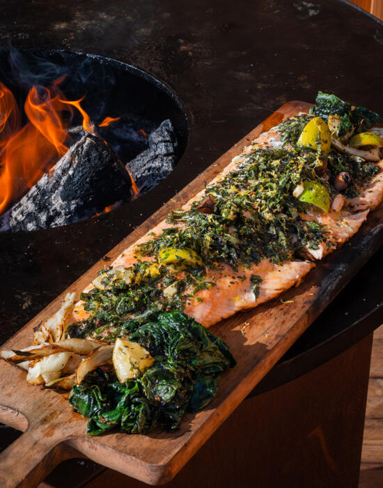 Trota alla griglia, olio al mentolo